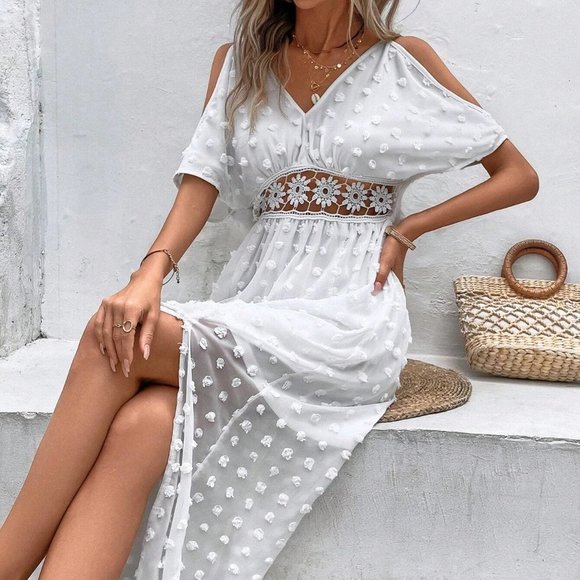 White Boho Womens Swiss Dot Cold Shoulder Split Thigh Dress - Picture 4 of 5